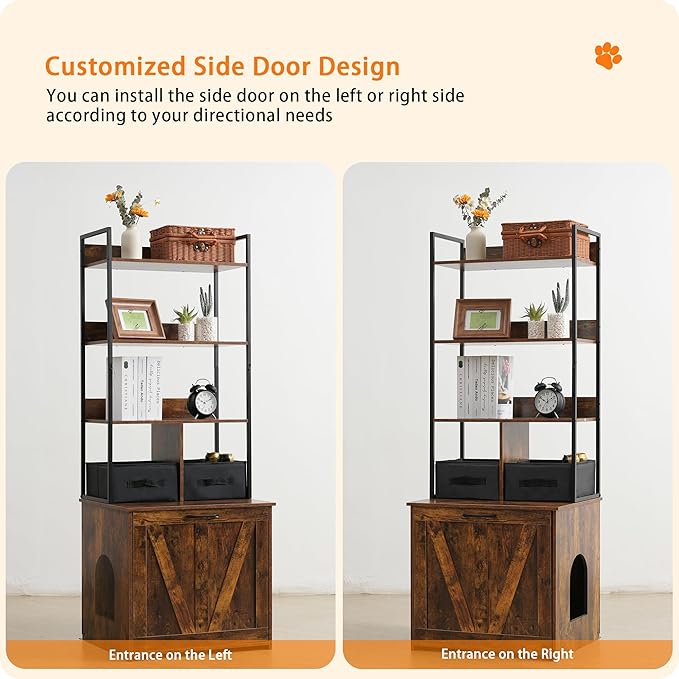Dwanton Litter Box Enclosure with 3 Storage Shelves and 2 Drawers, 2-in-1 Hidden Cat Litter Box Enclosure Furniture with Shelf, Reversible Entrance, Washable Drawers, 61.8-Inch, Rustic Brown