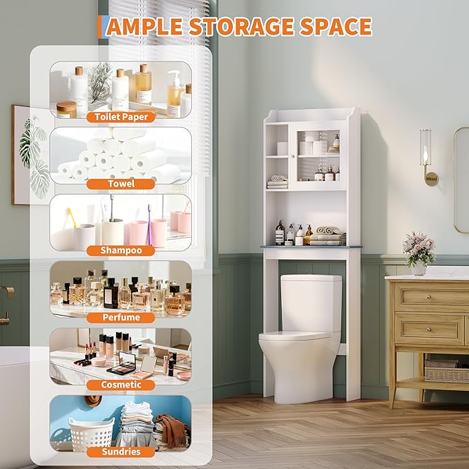 GarveeHome Over The Toilet Storage Cabinet with Adjustable Shelves and Glass Door,Tall Bathroom Organizer Space Saver Over Toilet,Wood Rack for Bathroom, Restroom, Laundry