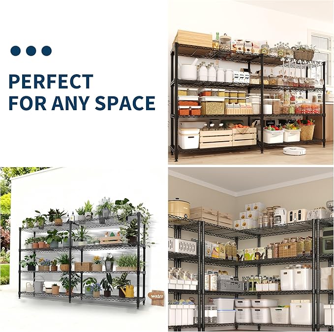 4 Tier Storage Shelving Unit Metal Shelves 70.8" W Wire Shelving, 59" H L-Shaped Pantry Shelves Kitchen Storage Shelves for Home Commercial Garage Heavy Duty, 70.8" W x 59.4" H x 15.7" D