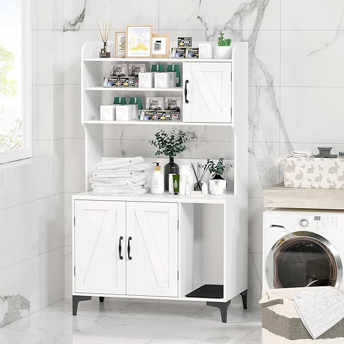 IDEALHOUSE Cat Litter Box Enclosure with Shelves and Doors,Wood Sturdy Hidden Litter Box Furniture,Indoor Cat House Furniture for Most of Litter Box,Litter Box Cabinet,White