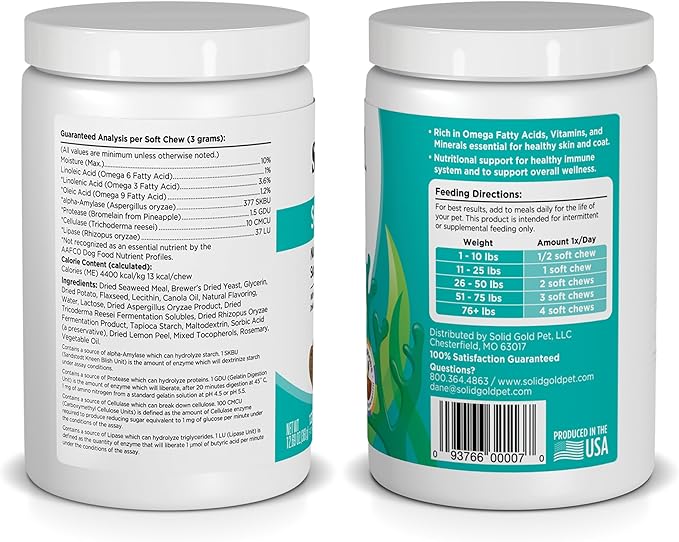 Solid Gold Cat & Dog Multivitamin Chews - Kelp, Omega 3 & Vitamins for Dental, Digestive, Immune, Skin & Coat Health - Multi Vitamin for Dogs & Cats - Sea Kelp Based Soft Chew for All Ages - 120ct