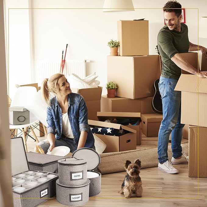 HOMELUX THEORY 8pcs Hard Shell China Storage Containers, Mug Storage, Wine Glass, Utensils, & Plate Storage Containers with Lid, Heavy Duty Dinnerware Storage for Packing Plates, Glassware & Cutlery