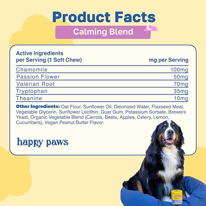 Happy Paws Calming Chews for Dogs, Relaxation & Anxiety Support for All Breeds & Ages, Dog Sleep Aid with L Theanine & Chamomile, Vegan Peanut Butter Flavor, Organic, Non GMO, (100 Chews)