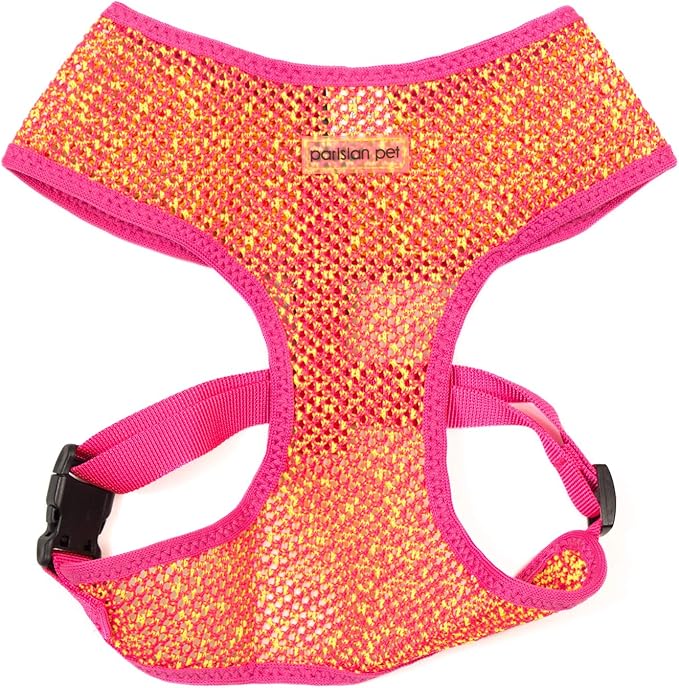 Parisian Pet Dog Harness - Adjustable Pink/Yellow Dog Vest Harness - 100% Mesh Fabric No Pull Puppy Harness - Cooling Dog Harness for Large Dogs - Idle for Walking, Running, and Hiking - L