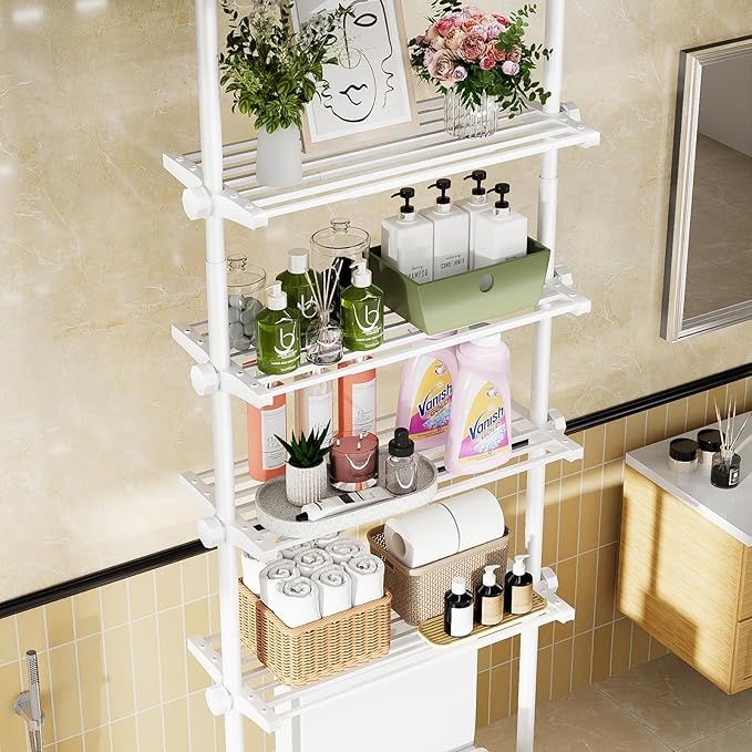 No-Drill Over Toilet Storage Shelf - 4-Tier White Bathroom Organizer