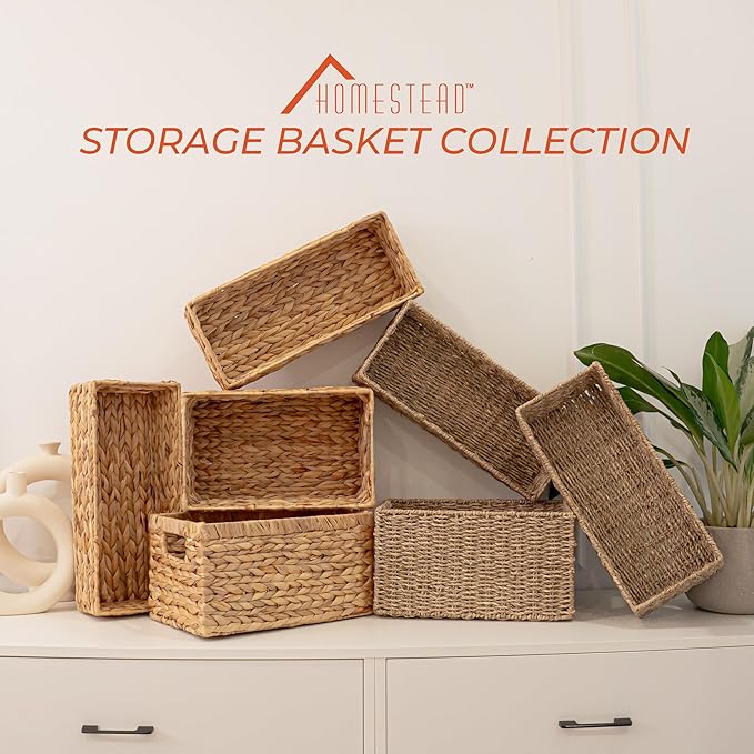 2-Pack Handwoven Seagrass Storage Baskets with Handles, Wicker Bins for Pantry Organization, Shelf or Closet Organizer, Decorative Boho Rectangular Basket 13.5" x 8"