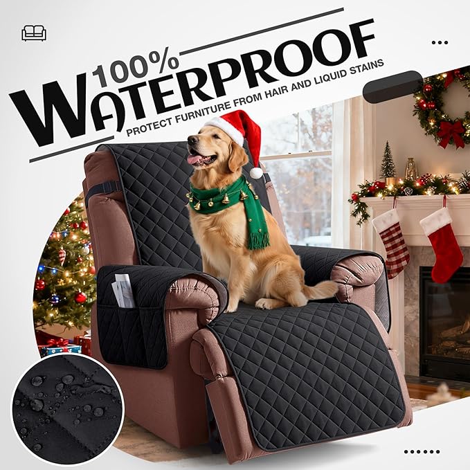 KinCam 100% Waterproof Recliner Chair Cover, Reclining Couch Covers for Pets, Dogs, Recliner Couch Slipcover Furniture Protector with Elastic Straps for Kids(23.6", Black)