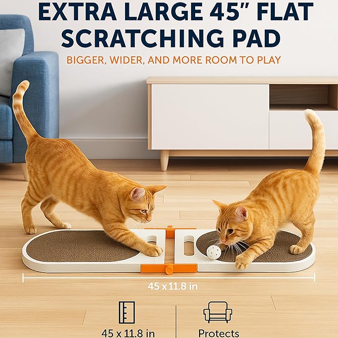 Extra Large 45" L Shaped Cat Scratcher with Ball Toy, Cat Scratch Pad for Indoor Cats, Durable Cardboard Cat Scratching Board & Couch Furniture Protector, Modern Cat Scratching Post for Cats