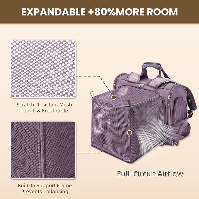 Lollimeow Expandable Cat Carrier Backpack for Large Cats - Airline Approved Pet Carrier Backpack for Small Dogs, Hiking & Travel, Waterproof with Breathable Mesh, 22lbs Capacity (Plum, Large)