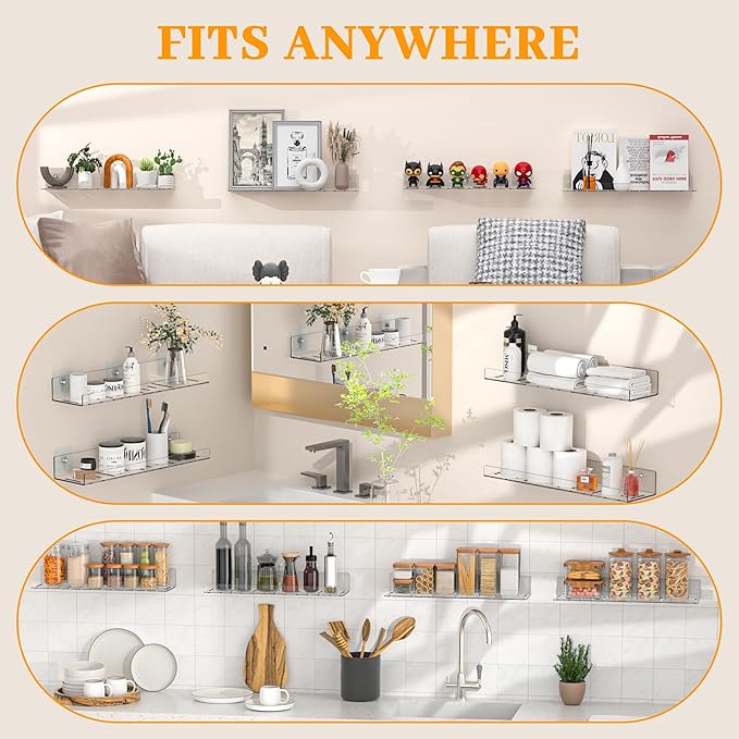 12 Pack Floating Shelves - Clear Acrylic/PET Wall Mounted Non-Drilling Storage Rack with Adhesive, Invisible Bathroom and Bedroom Shelves for Kitchen, Living Room, Clear Decoration