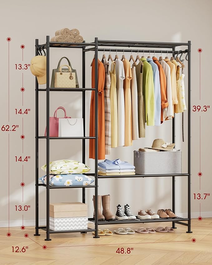 Closet Organizers and Storage - Free-Standing Clothes Rack with Leveling Feet & Wall-Anchor Straps, Wardrobe Closet with 6 Hooks for Bedroom, Living Room, Laundry, 48.8"×12.6"×62.2", Black