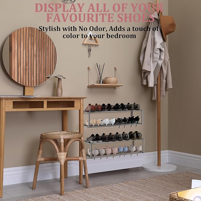 Expandable Wall Mounted Shoe Rack, 17"-31" Adjustable Hanging Shoe Rack Holds 8 Pairs, Heavy Duty Metal Shoe Holder with 2 Storage Hooks, Space Saving for Entryway Closet Doorway（Grey）