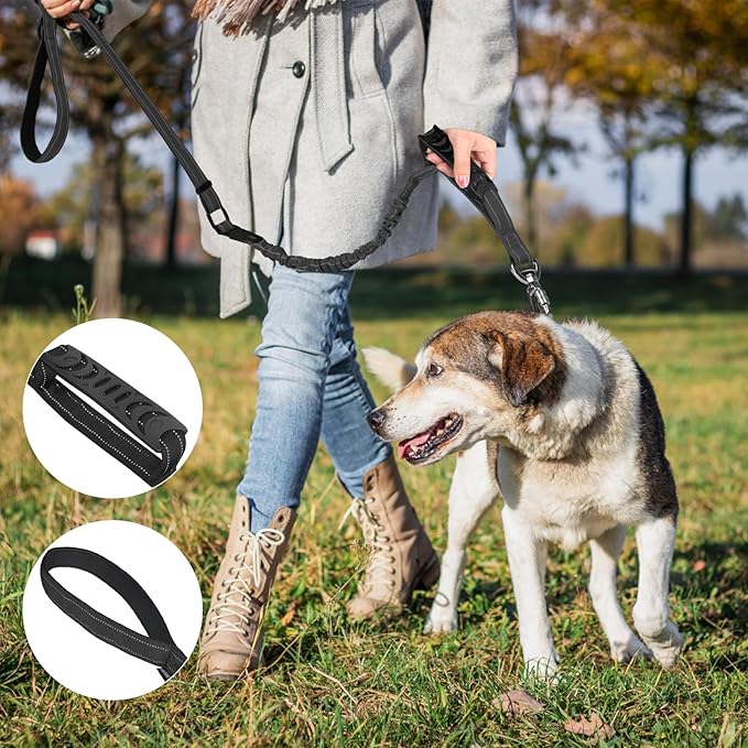 Tactical Dog Leash Heavy Duty, 4-6FT Shock Absorbing Bungee Dog Leash, Reflective Military Strong No Pull Dog Leash with 2 Padded Handle and Car Seatbelt for Medium Large Dogs, Army Green