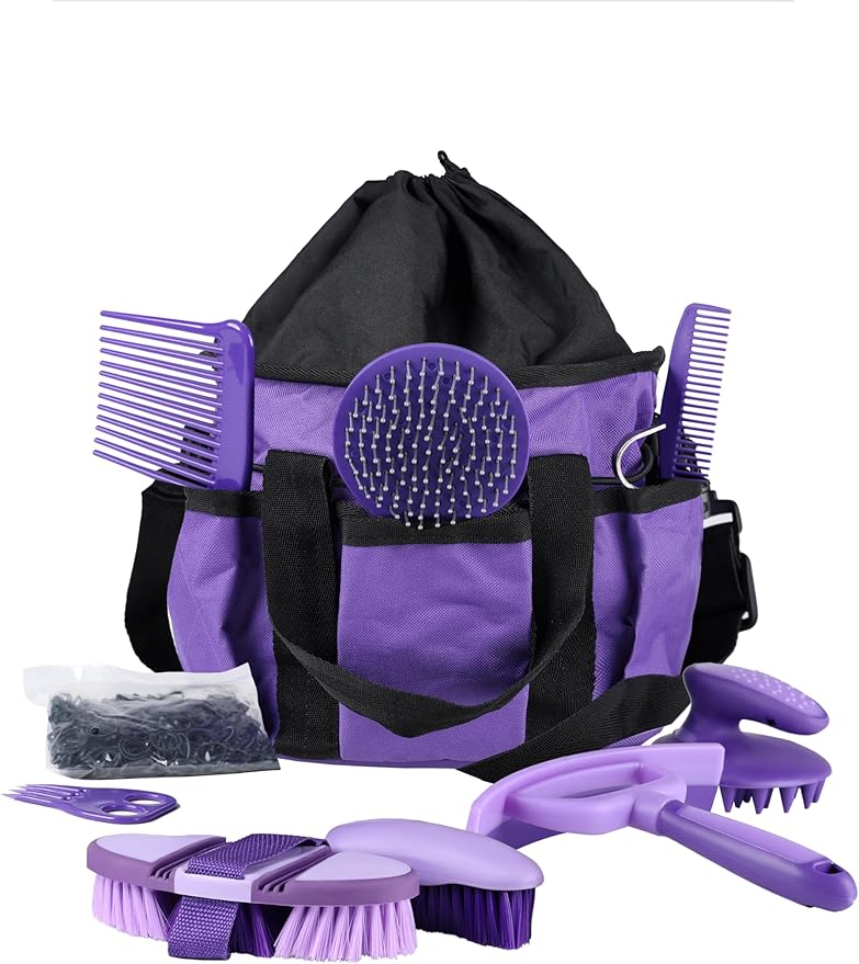 Harrison Howard Horse Grooming Kit, 9-Piece Set with Non-Slip Silicone Grip for Bathing, Shedding & Hoof Care Purple
