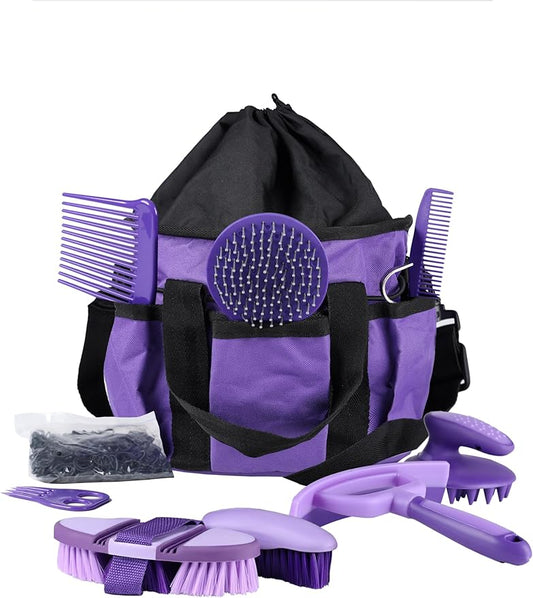 Harrison Howard Horse Grooming Kit, 9-Piece Set with Non-Slip Silicone Grip for Bathing, Shedding & Hoof Care Purple