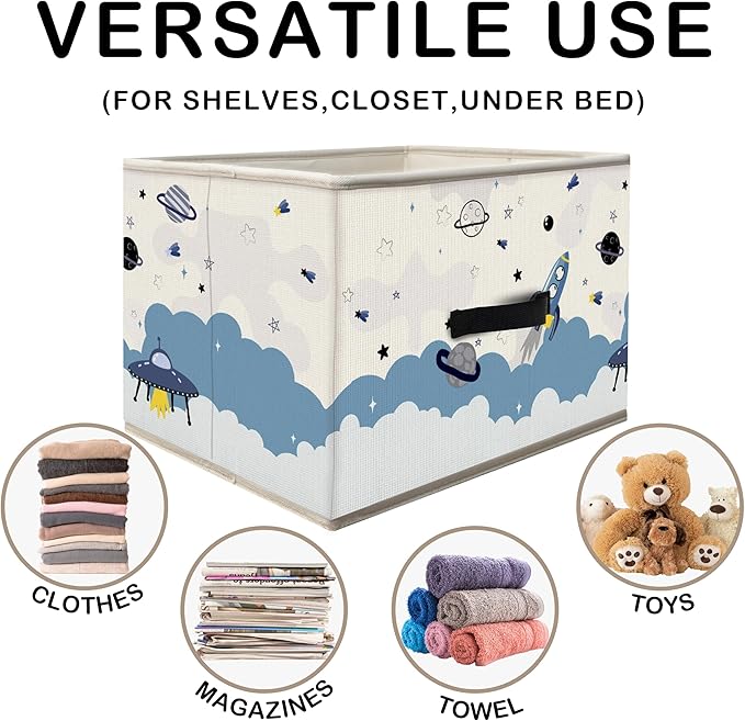 Nogrit Blue Space Storage Bins Box, Toybox for Boys, Outer Space Planets Spacecraft Foldable Baskets Organizer Container with Handles for Kids Boys Bedroom Bathroom Clothes Toys Books