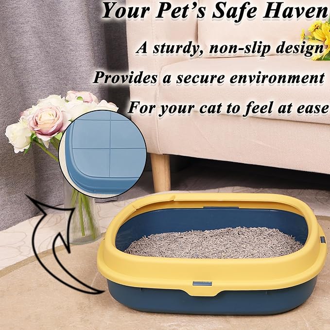 Suhaco Kitten Starter Kit for Indoor Kittens 7 Pcs Litter Box with Cat Litter & Litter Scoop Teaser Wand Licking Mat Bath Brush 7 in 1 Cat Litter Box (Blue)