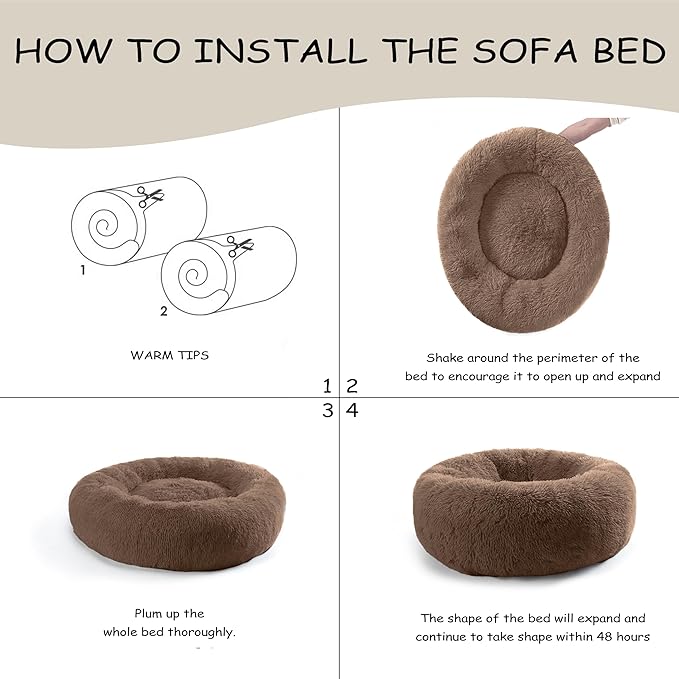 46'' inch Calming Dog Bed, Plush Anti-Anxiety Donut Dog Bed for Large Dogs, Warming Cozy Soft Cute Round Washable, Marshmallow Cuddler Nest Pet Bed, Brown