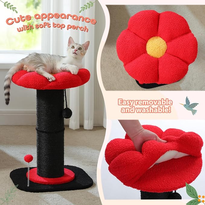 PEQULTI Flower Cat Scratching Post, Gothic Cat Tree, Tall Scratcher for Indoor Cats with Super Thick Scratching Post [Dia=5.5''], Removable Flower Bed, Cat Scratch Post with Spring Ball, Black