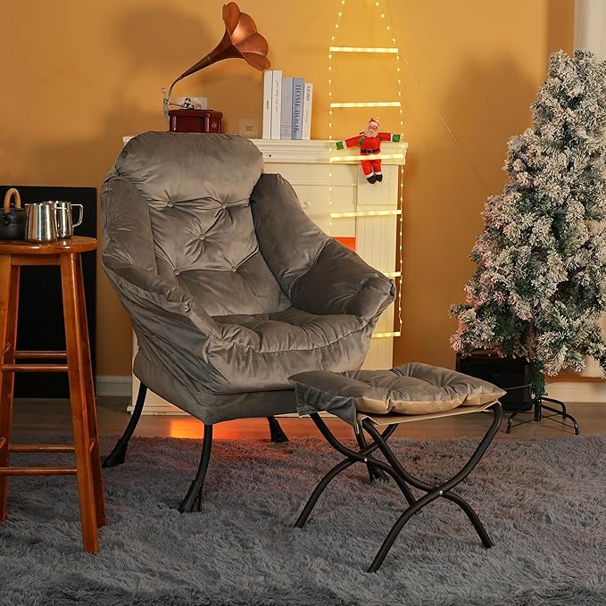 Kokel Lazy Chair with Folding Ottoman,Living Room Chairs, Accent Contemporary Lounge Chair, Single Steel Frame Leisure Sofa Chair with Armrests and A Side Pocket (Light Gray)