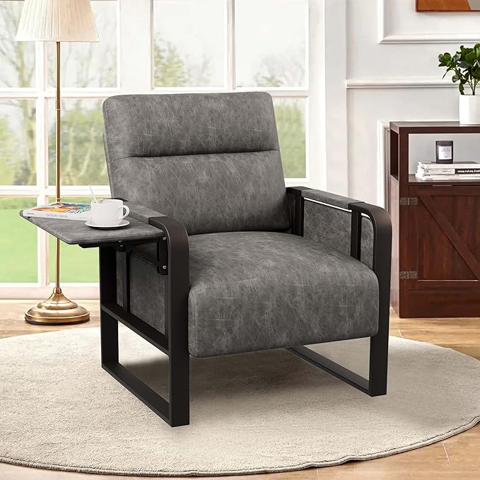 Modern Accent Chair with Tray Table PU Leather Upholstered Armchair for Bedroom Leisure Living Room Chairs Office Chair Grey