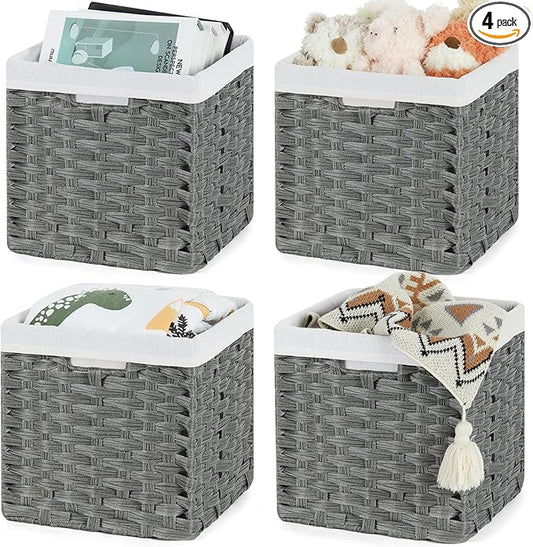 Bidtakay Wicker Storage Baskets for Organizing 4-Pack Hand-Woven Imitation Dark Grey Wicker Cube Storage Bins with Liners for Shelves Closet Cabinet 11x11 Waterproof Cube Organizer for Pantry