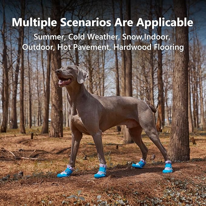 Dog Shoes Small Medium Large Size Dogs, Puppy Booties Paw Protector for Hot Pavement, Non-Slip Waterproof Rubber Reflective Strapped Boots (Blue, Size 4#: (2.6 * 2.2) (L*W) for 31-40lbs)