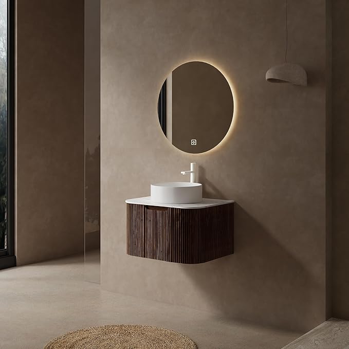 KEIKI 24" Bathroom Vanity Cabinet with Sink Combo, Wall Mounted Curved Edges Striped Floating Bathroom Vanity with Soft-Close Drawer, White Round Ceramic Basin Without Faucet, Dark Walnut