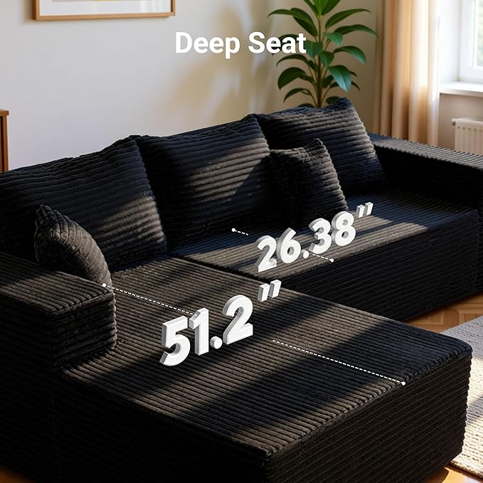 Claiks Boneless Couch, Cloud Couch Sectional, L-Shape Corduroy Modular Sectional Sofa Deep Seat, Upholstered Couches for Living Room, No Assembly Required, Black, Left Facing Chaise