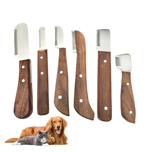 Professional Stripping Knife Kit for Dogs & Pets – 6 Piece Grooming Set with Wooden Handle – Pet Grooming Tools for Hand Stripping & Deshedding