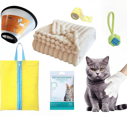 6 Pcs Surgery Recovery Kit for Dogs Cats –Adjustable Dog Cone & Fluffy Dog Blanket(27''x39'') – Get Well Soon – Cleaning Wipes,Calming Toy, Bandages & Mesh Bag – Sympathy Gift for Pet (yellow-S)
