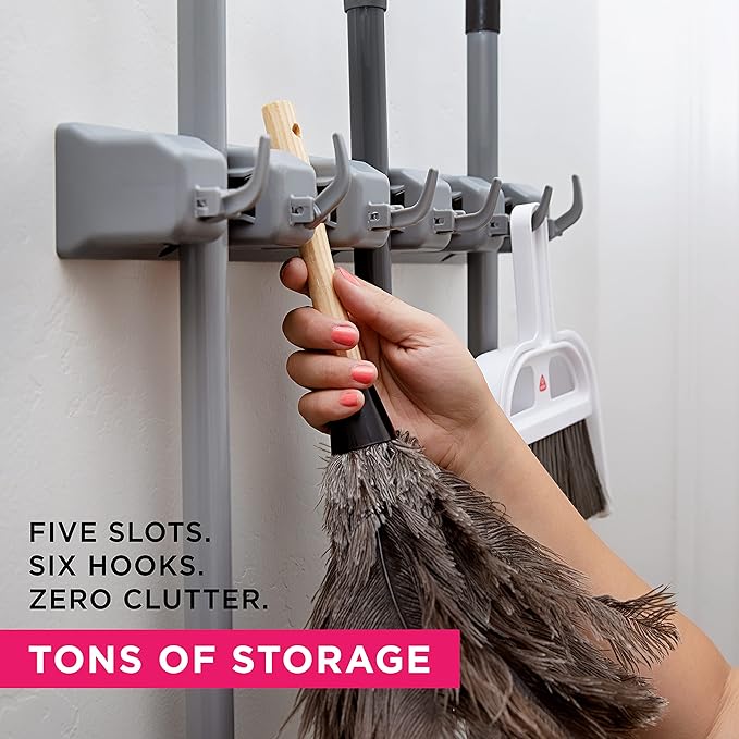 Combo 5 Slot Broom Holder w/ 1 Self Adhesive Mop Gripper No-Drilling, Wall Mount Tool Organizers For Kitchen, Garage, Laundry Room- Anti-Slip Hanger For Brooms, Mops, Rakes, Dustpans (Grey / White)