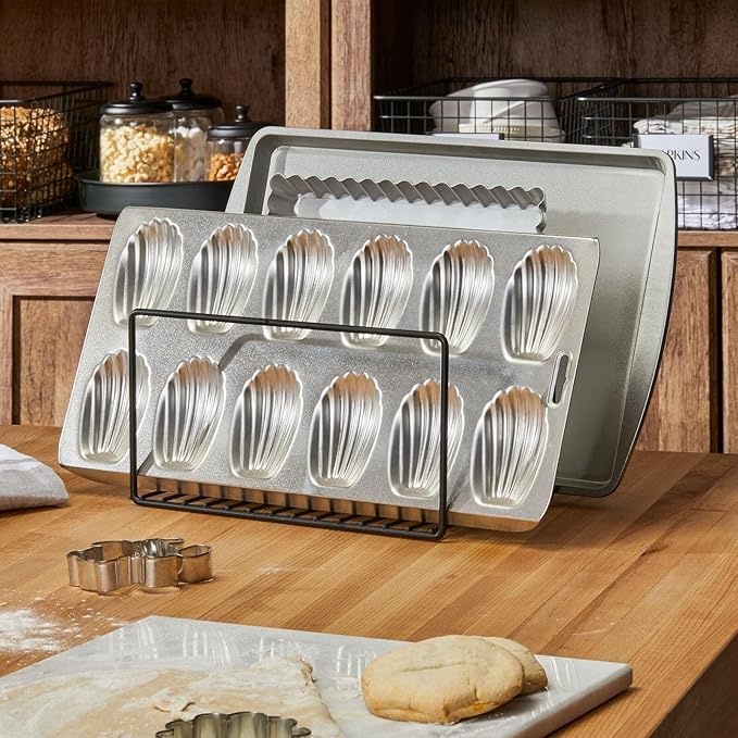 mDesign Metal Pan Organizer for Kitchen Cabinet, Counter, Pantry Shelf - 3 Slots for Baking Sheets, Muffin Pans, Cutting Boards, Frying Pans - Pan Organizer and Storage - Concerto Collection - Black