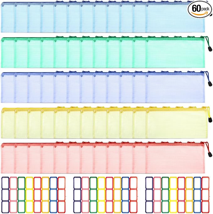 60 Pcs Mesh Zipper Pouch with 72 Labels, Plastic Clear Storage Bags Organizer Set for Travel, Jewelry, Crafts, Office Supplies - 5 Colors, 7.1x4.7 Inch