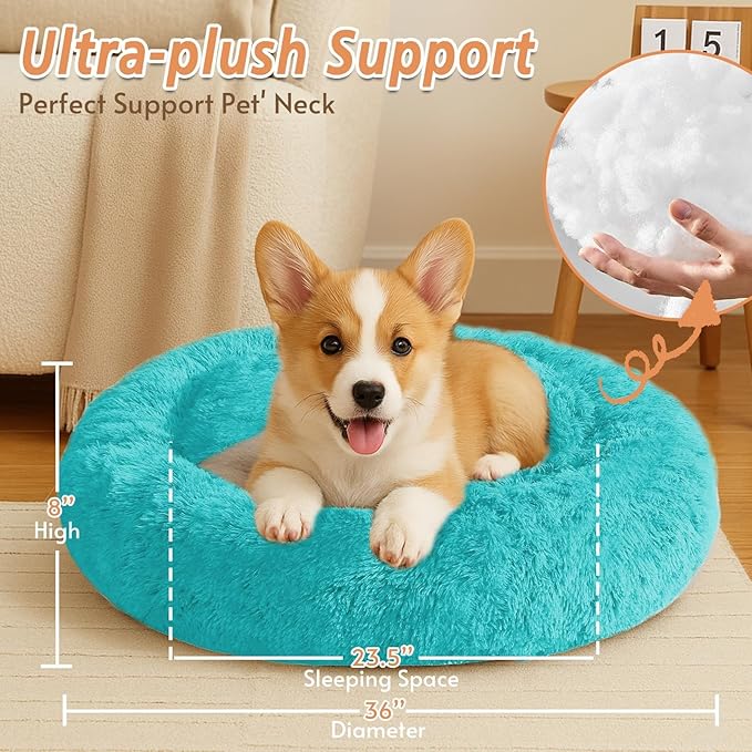 Calming Donut Dog Bed — Large 36", Anti-Anxiety Faux Fur, Washable (Aqua Blue)