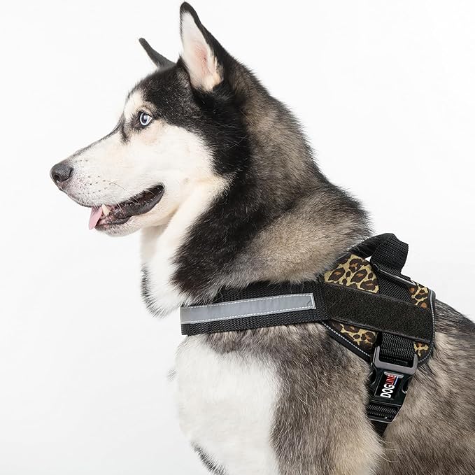 Dogline Dog Harness, Reflective No-Pull Adjustable Vest with Handle for Walking, Training, Breathable, No - Choke Harness for Small, Medium or Large Dogs Room for Patches Leopard Brown L 27"-34"