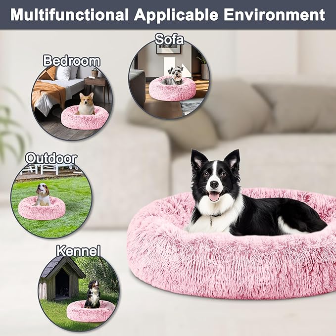 ELSKER&HOME Calming Dog Bed,Donut Washable Warming Soft Round 39 inches Dog Beds for Large Dogs,Anti-Anxiety Fluffy Plush Cushion Bed Fits up to 120 lbs Pets,Pink