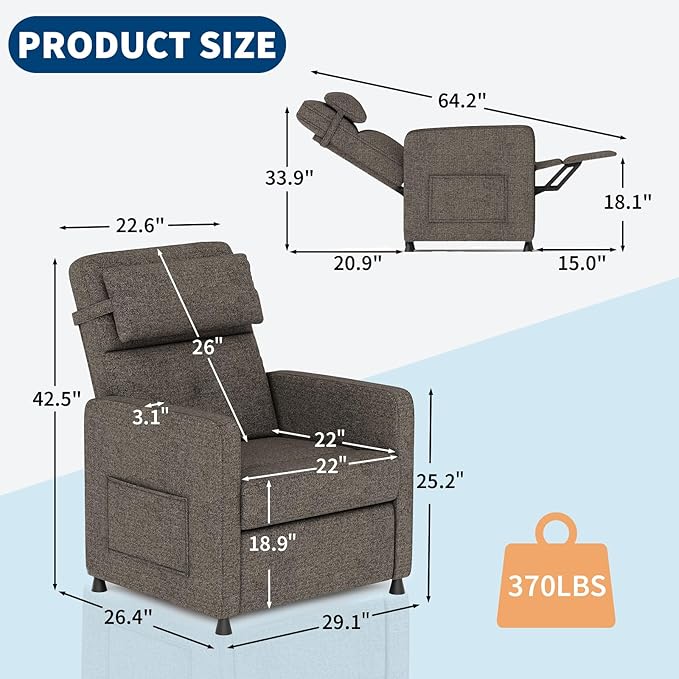 GarveeHome Electric Recliner Chair Living Room Power Recliner Adjustable Backrest & Footrest with Side Pockets & Charging Ports & Lumbar Support(Brown)