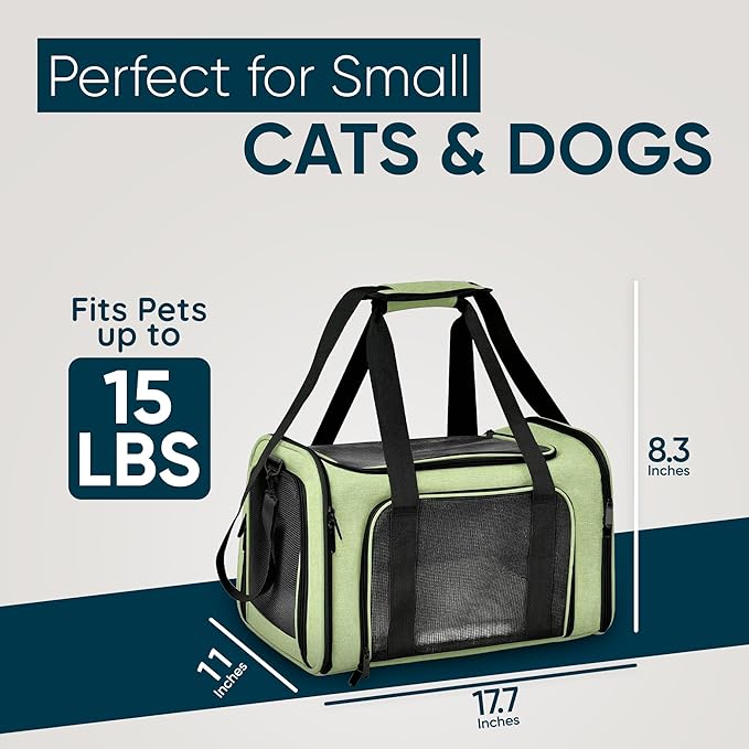Pet Travel Carrier Bag – Airline Approved Soft-Sided Dog & Cat Carrier, Foldable, Breathable Mesh, Washable Pad – Fits Pets up to 15 lbs – The Pup Quartet (Green)