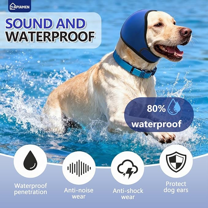 2Pcs Dog Ear Covers for Bath & Noise Protection,Adjustable Dog Ear Muffs Anxiety Relief Calming Hoodie Design,No Shake Ear Protection for Grooming,Swimming,Drying,Hematoma(Grey&Blue,L)