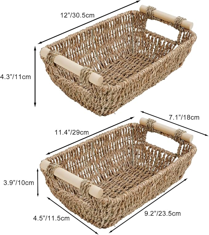 Small Wicker Baskets for Organizing, Hand Woven Seagrass Baskets with Wooden Handles, Decorative Woven Baskets for Storage, Pantry, Bathroom & Shelves, 2-Pack