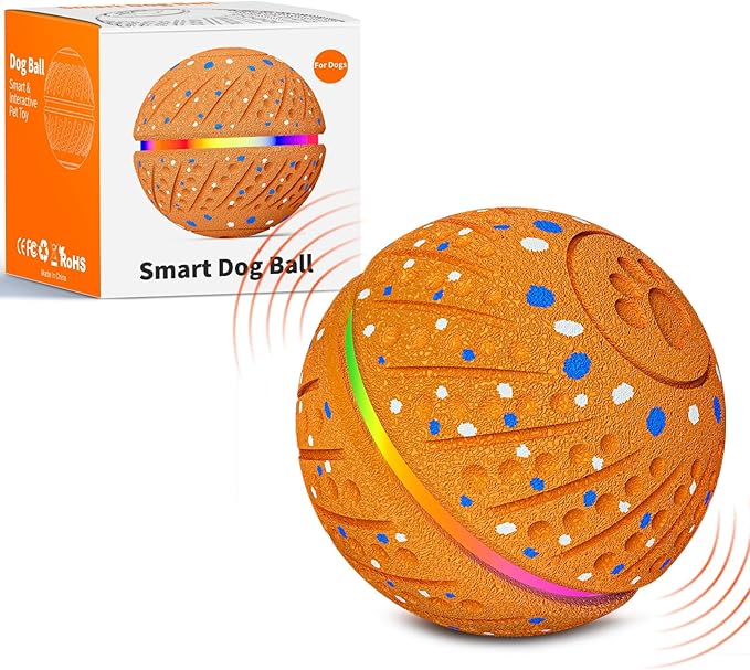 Interactive Dog Toys Dog Ball - Smart Moving Bouncing Dogs Ball with RGB Lights, E-TPU Material, 3 Play Modes Automatic Rolling Balls Toy for Small Medium Dogs Keep Them Busy(Orange)