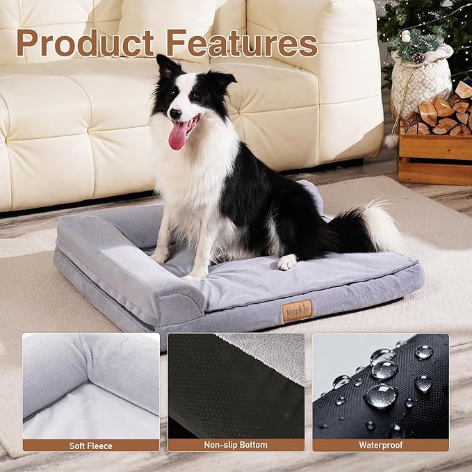 Dog sitting on a gray pet bed with product features displayed below.