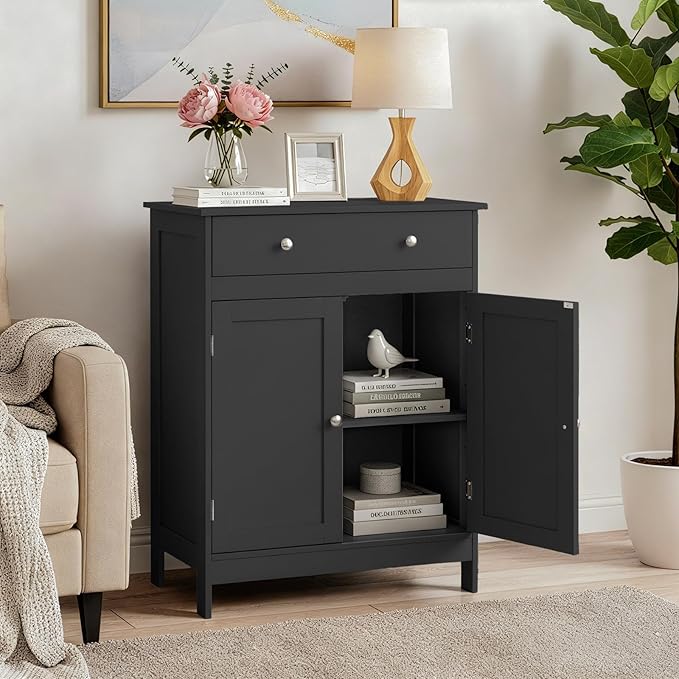 Karl home Black Floor Storage Cabinet, Freestanding Storage Unit with 2 Doors, Thin Toilet Organizer for Small Spaces，for Entryway, Bathroom