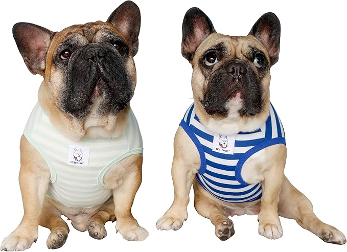 iChoue 2pcs French Bulldog Striped Shirts 100% Breathable Cotton Tank Tops Vests Clothes for Frenchie Dogs, Blue and Green Stripes, Large
