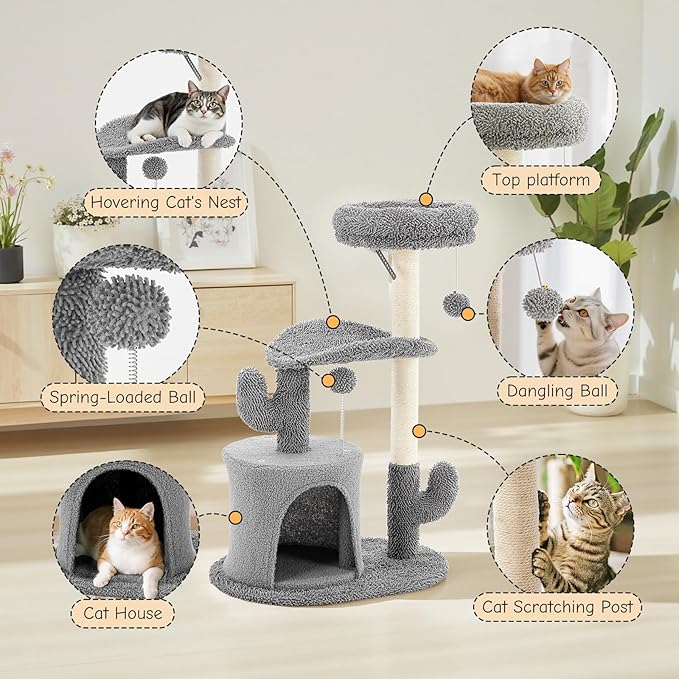 33 inch Multi-Level Cat Tree Tower with Scratching Posts, Cozy Perches and Stable Climbing Platform for Indoor Cats,Grey