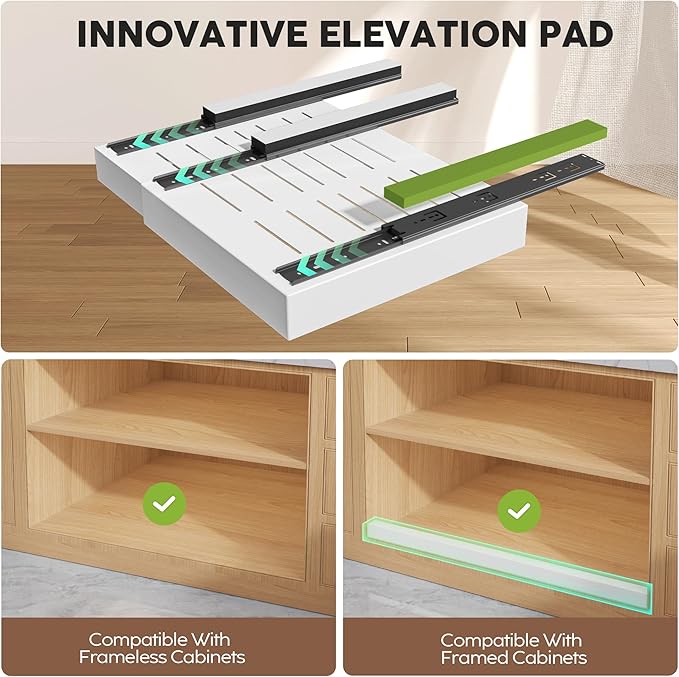2 Pack Pull Out Cabinet Organizers 16.5" Deep With Raising Pad for Framed Cabinets,Expandable Slide Out Drawers Upgrade 3 Slide Rails,Roll Out Shelves,Adjustable Width 12.1"-20.45" White