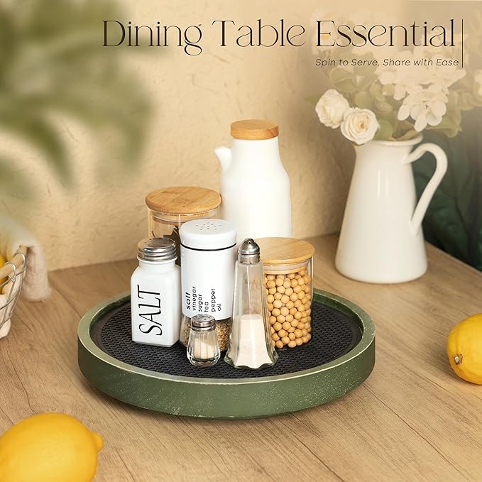 Pine Wood Non-Skid Lazy Susan for Table Top – 10.5" Lazy Susan Turntable for Cabinet, Kitchen Decor & Coffee Table - Ideal as a Spice Rack & Bathroom Tray with Rubber Mat (Green)