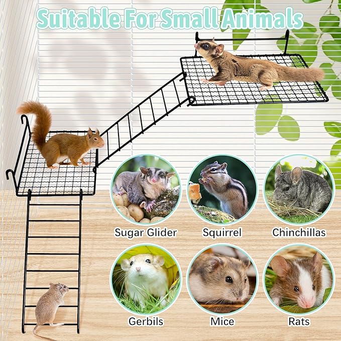 BNOSDM 4 PCS Sugar Glider Toy Stainless Steel Platform Squirrel Perch with Climbing Ladder Small Animals Cage Accessories for Guinea Pig, Chinchillas, Gerbils, Mice, Rats, Mouse