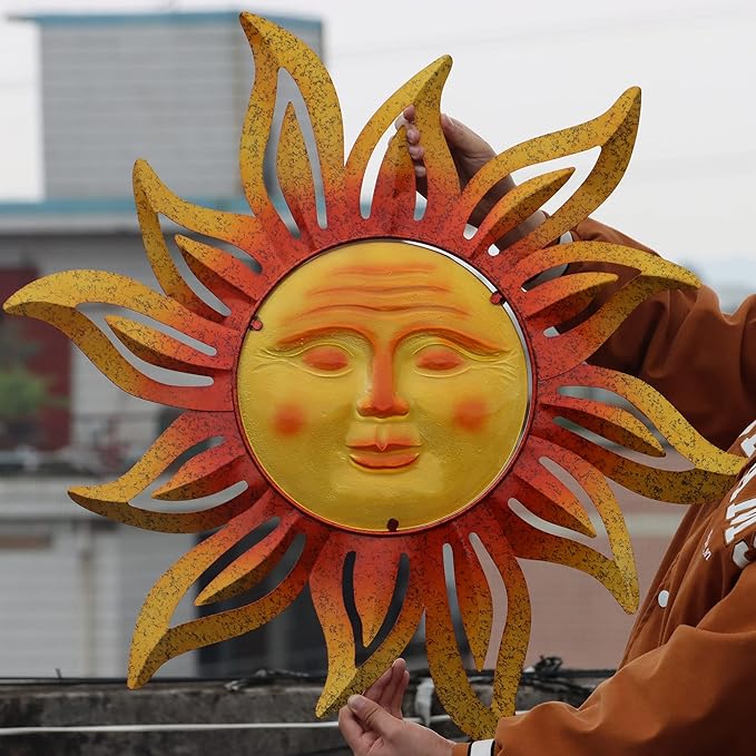 Large Size 32Inch Metal Sun Outdoor Wall Art Decor Large, Hanging for Indoor Outdoor Patio Garden Fence Yard Pool Wall Sculpture Decoration for Living Room